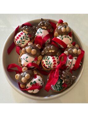 Handmade Christmas Bear Ornaments In Walnut Shells With Red Ribbons - Set Of 8
